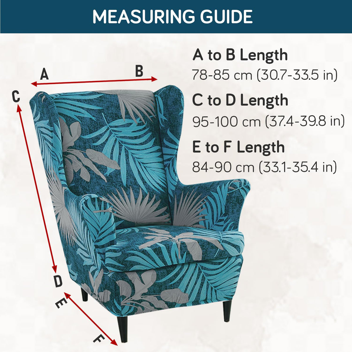 Sea Blue Tropical Leaves Stretchable Chair Cover for Wingback Chair size guide