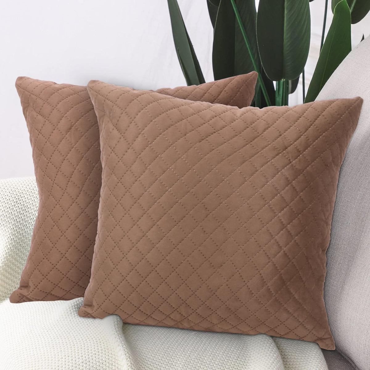 Buy Russet Brown Colour Quilted Velvet Cushion Covers in set of 2