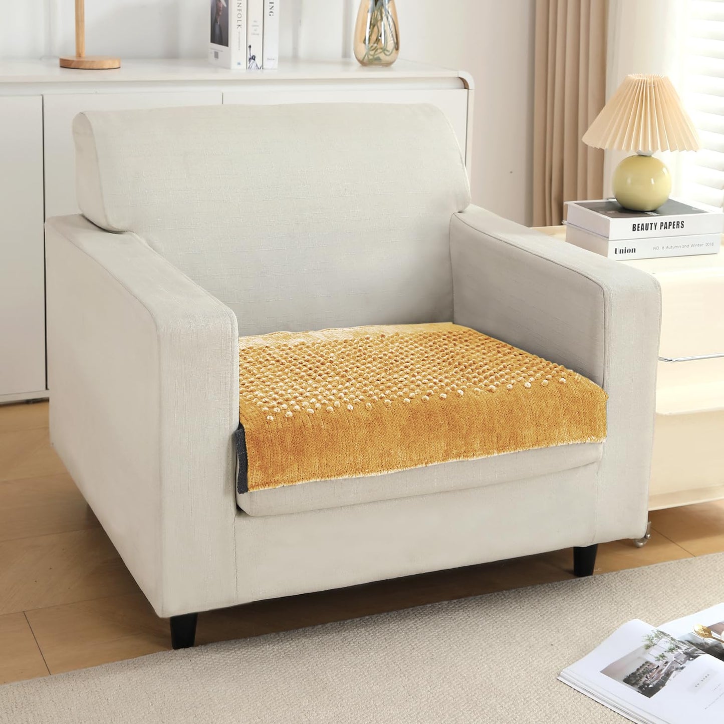 Handloom Made Thick Poly Velvet Reversible Sofa Mat for 1/2/3 Seater, Buff Cream