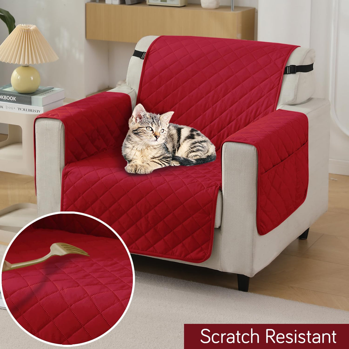 Red colour single seater quilted waterproof sofa cover | Hokipo
