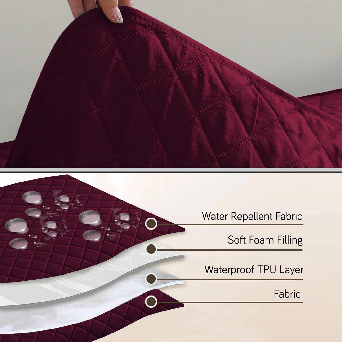 HOKIPO Waterproof Quilted Quick Dry L Shape Sofa Seat Cover Mat, Burgundy