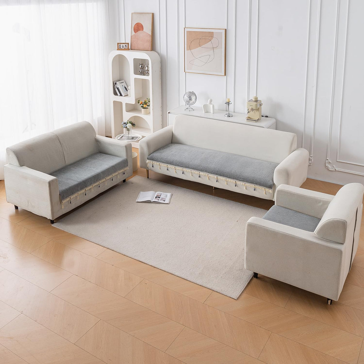 Serenity Tassel Chenille Sofa Cover with Tassel – Glacier Silver