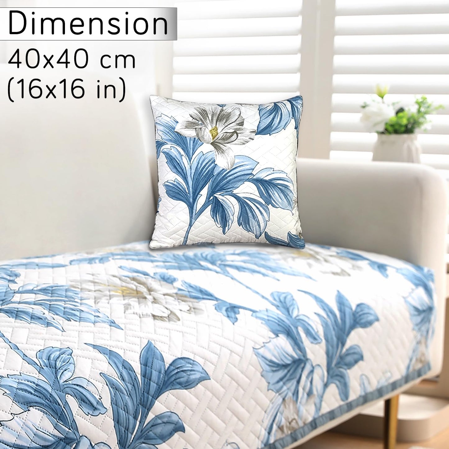 HOKIPO Printed Quilted Sofa Cushion Cover Pack of 2, Celadon Blue Camellia
