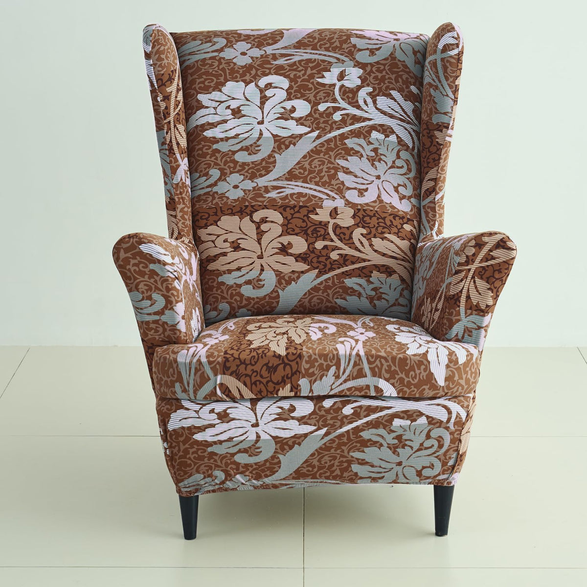 Rich Chocolate Damask Floral Polyester Elastic Wing Chair Cover