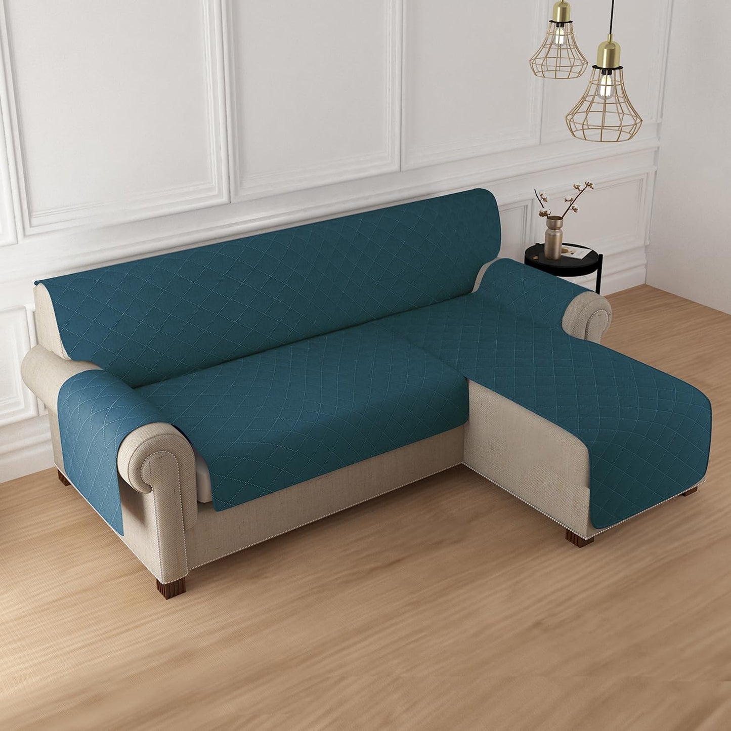 HOKIPO Quilted Reversible One Piece L Shape 4/5/6 Seater Sofa Cover Mat, Peacock Blue