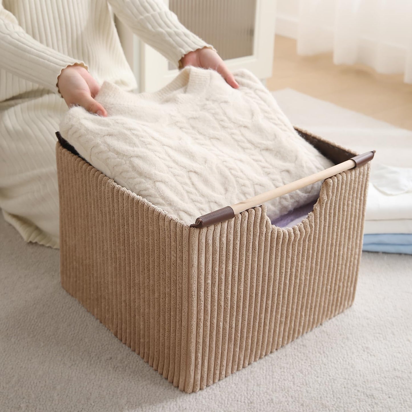 Premium Foldable Storage Bin with Wooden Handles | Corduroy Fabric Organizer Box for Wardrobe, Books, Clothes & Misc Items, Camel