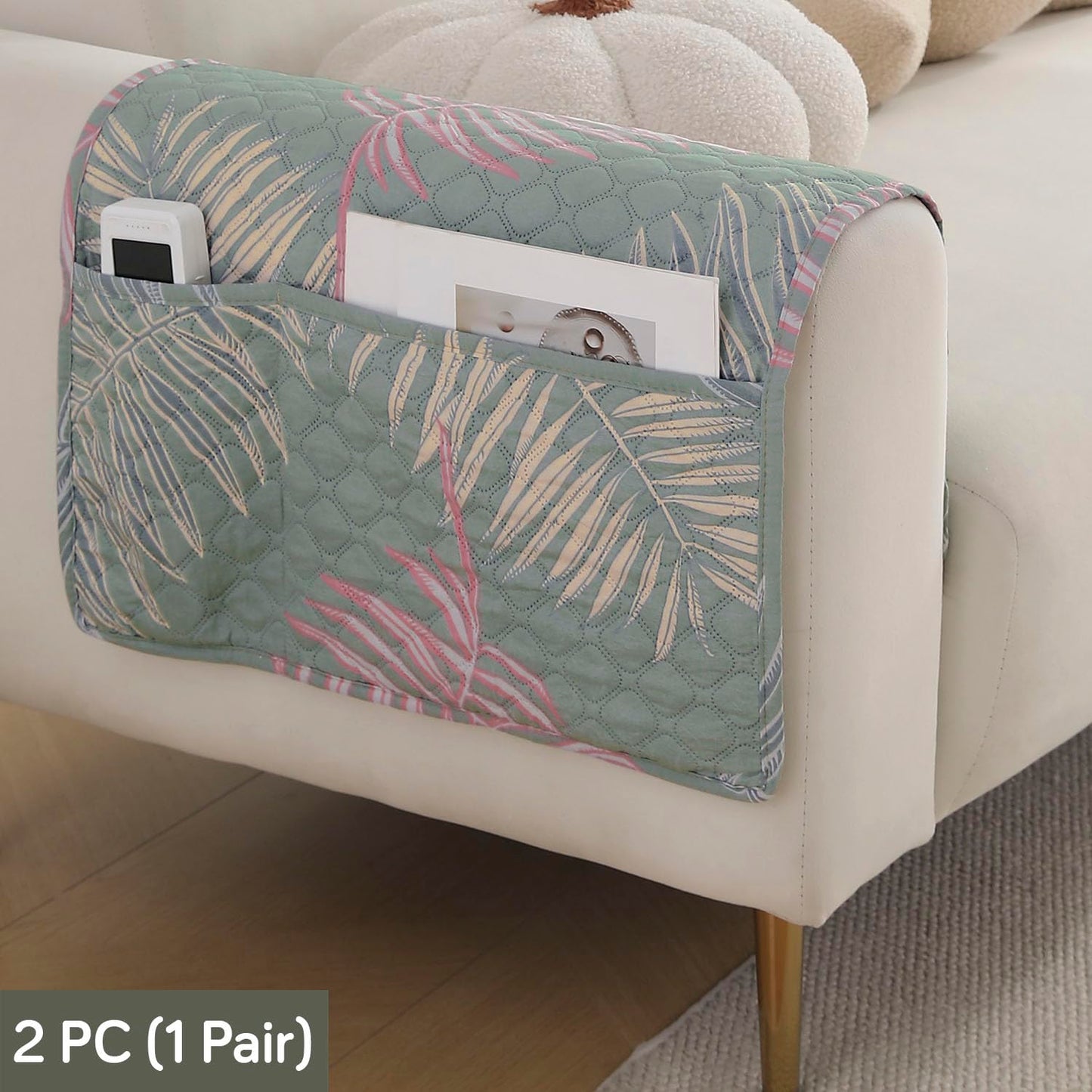 Polyester Printed Quilted Sofa Cover Mats, Tropical Leaves Pastel Green
