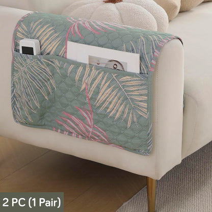 Polyester Printed Quilted Sofa Cover Mats, Tropical Leaves Pastel Green