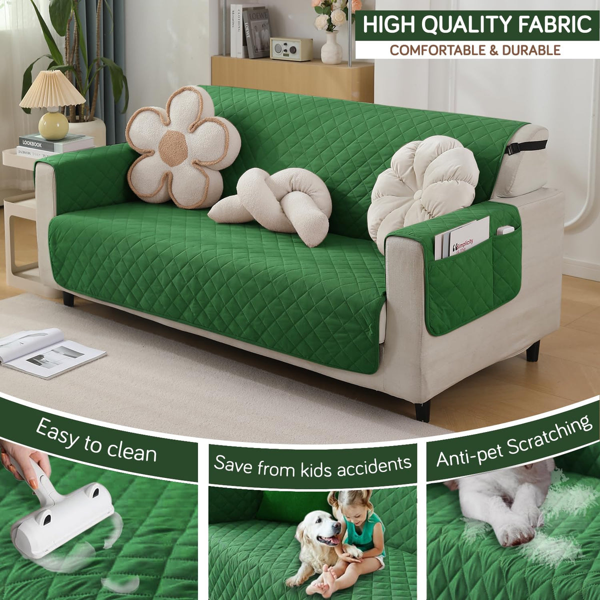 Green colour Quilted Waterproof Sofa Protector for 3 Seater – Durable, Comfortable & Anti-Slip