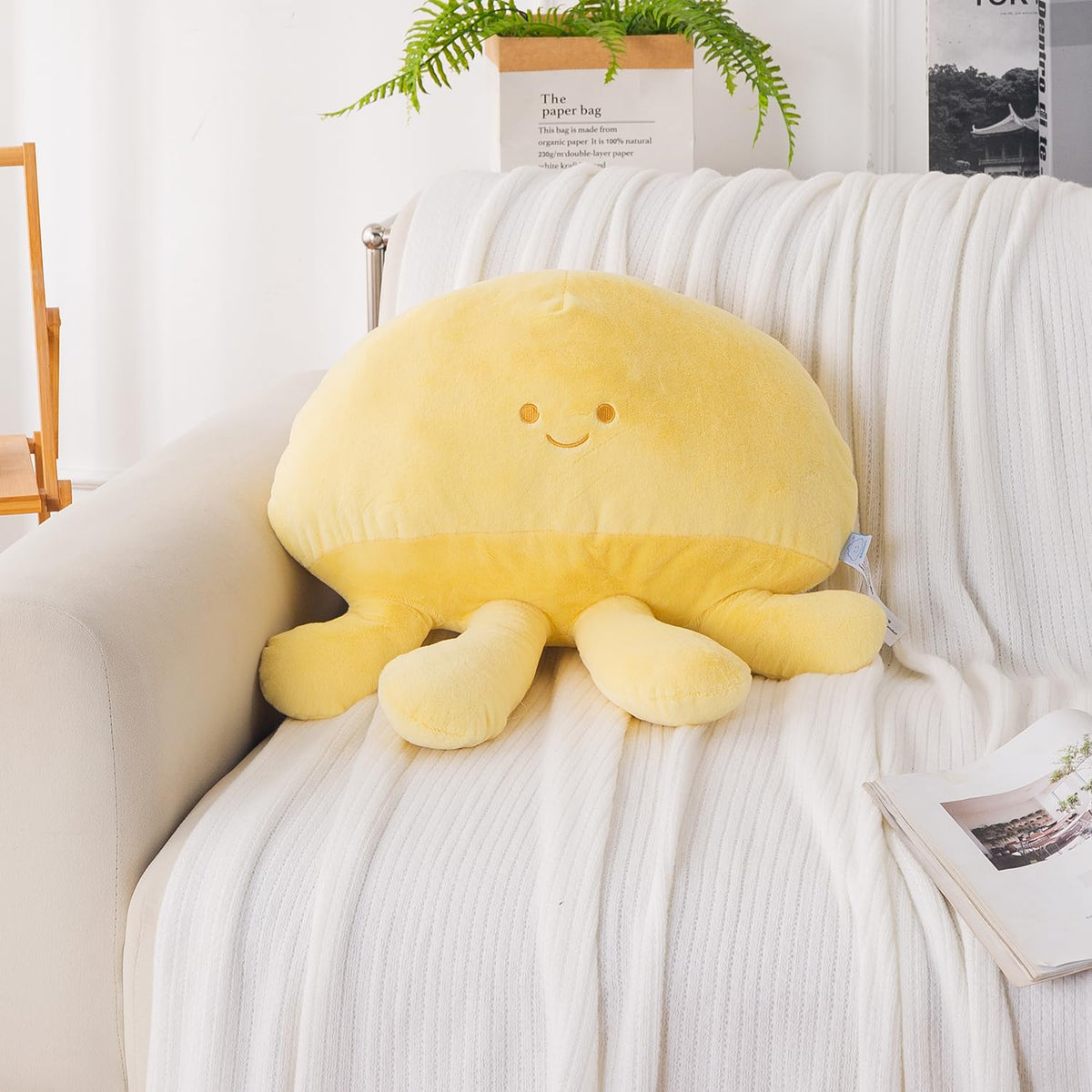 HOKIPO Octopus Shaped Cushion for Kids Room & Nursery, 51x39 cm, Yellow