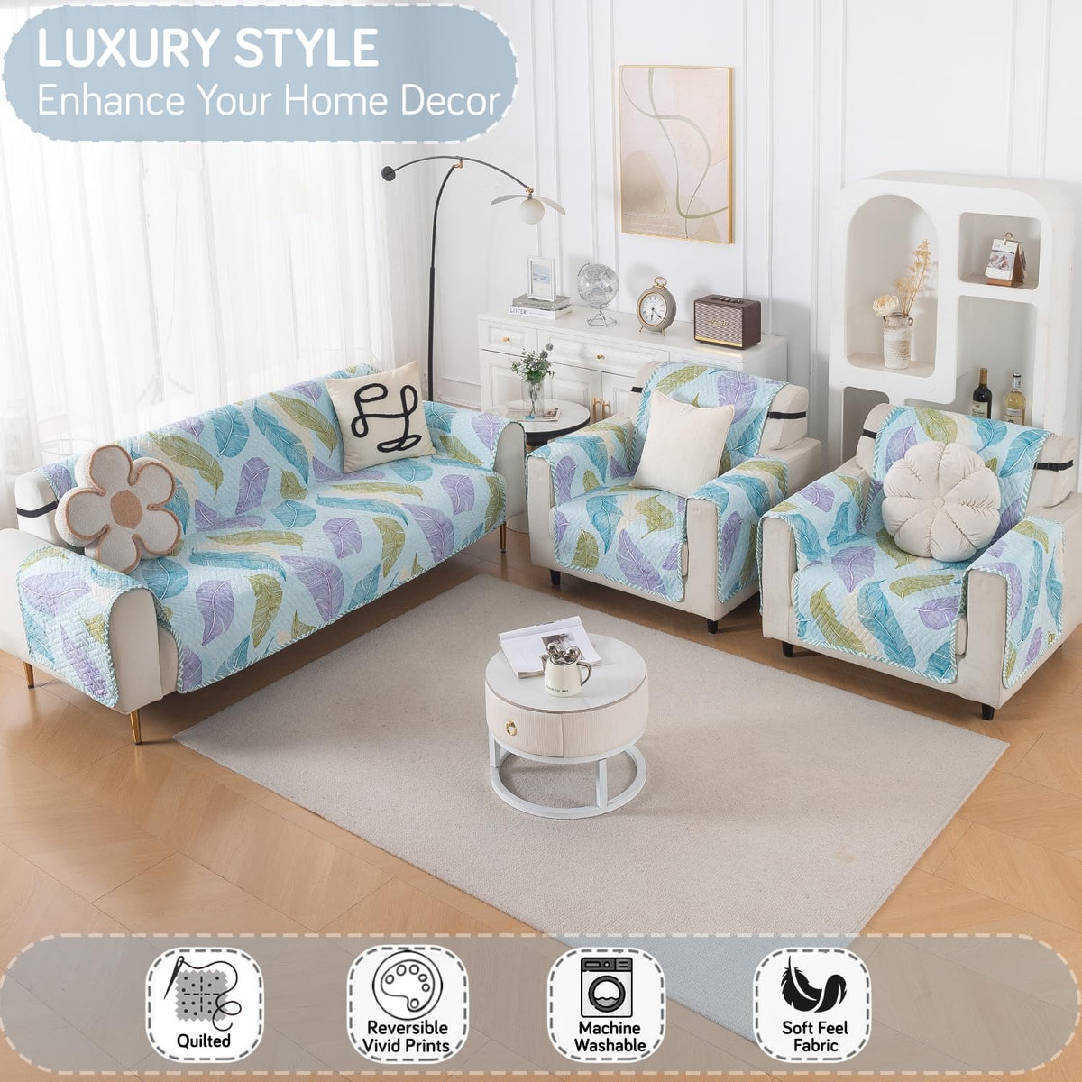 Easy Drape Reversible Quilted 5-Seater Sofa Cover (3+1+1), Colourful Leaves