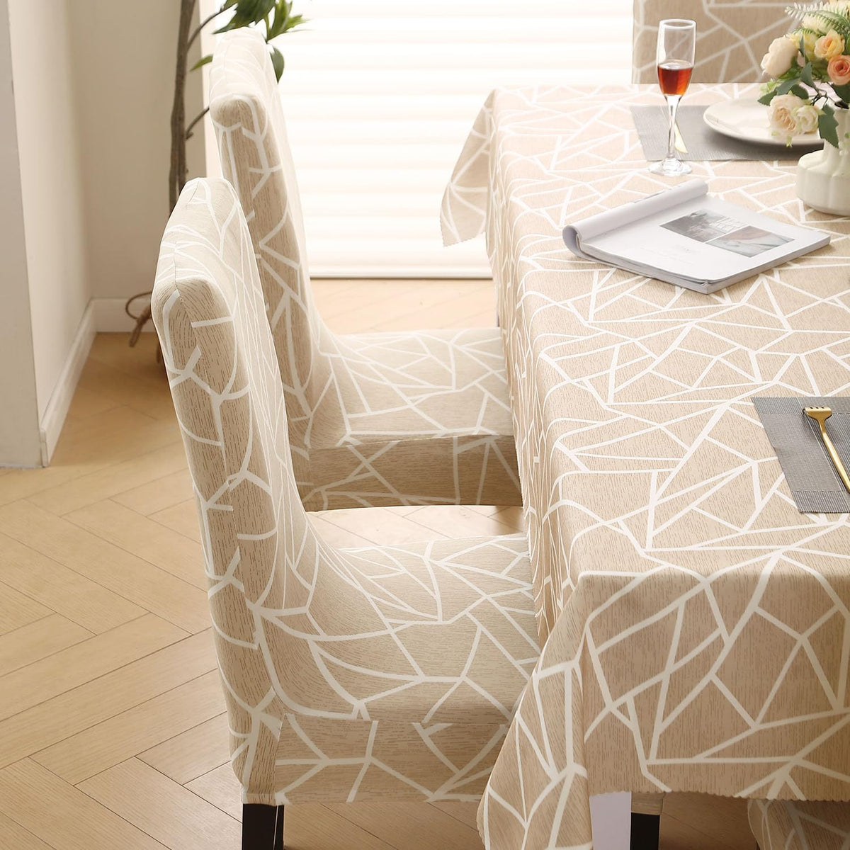 Elastic Dining Chair Covers with Matching Tablecloth, Beige Abstract Geometry