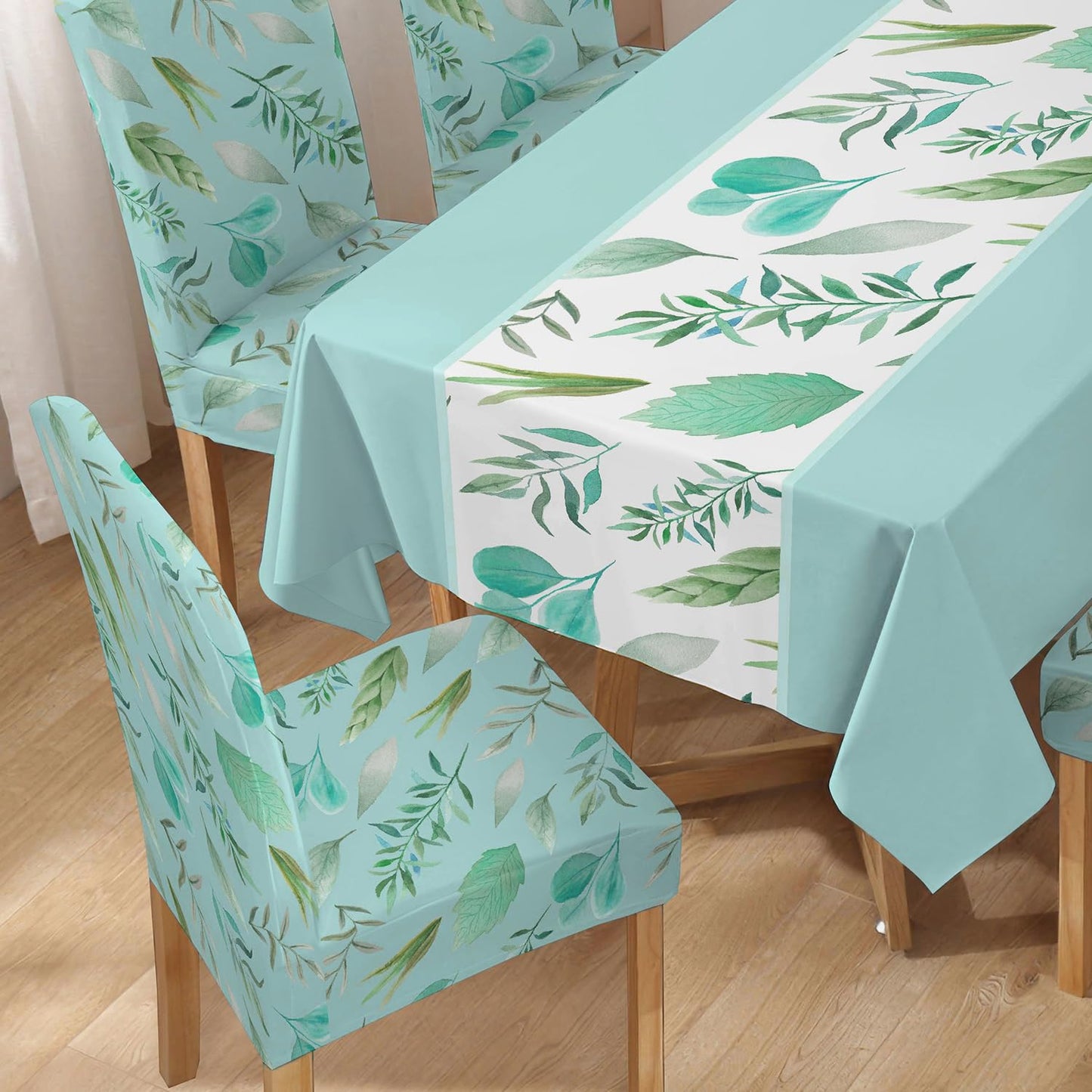 Polyester Dining Chair Covers Set of 4/6 with Matching Tablecloth, Varied Leaves Rhine Blue