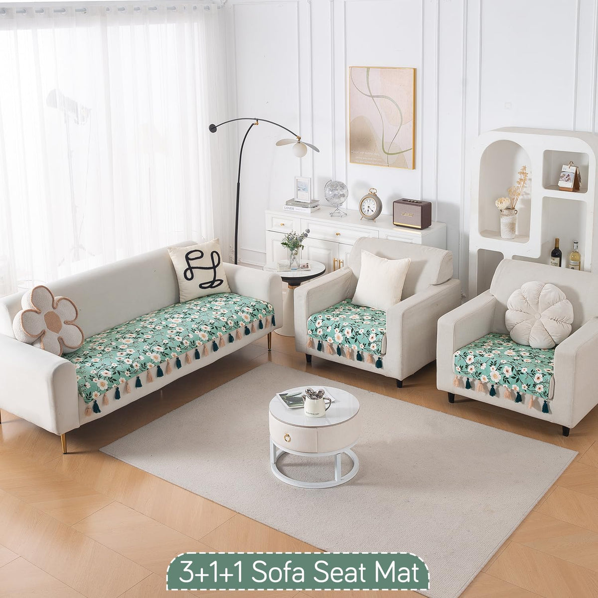 'Whispers of Nature' Series Holland Velvet Sofa Seat Mat with Tassel, Sage Floral Vine