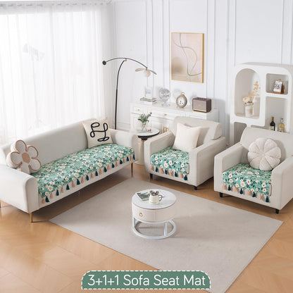 'Whispers of Nature' Series Holland Velvet Sofa Seat Mat with Tassel, Sage Floral Vine