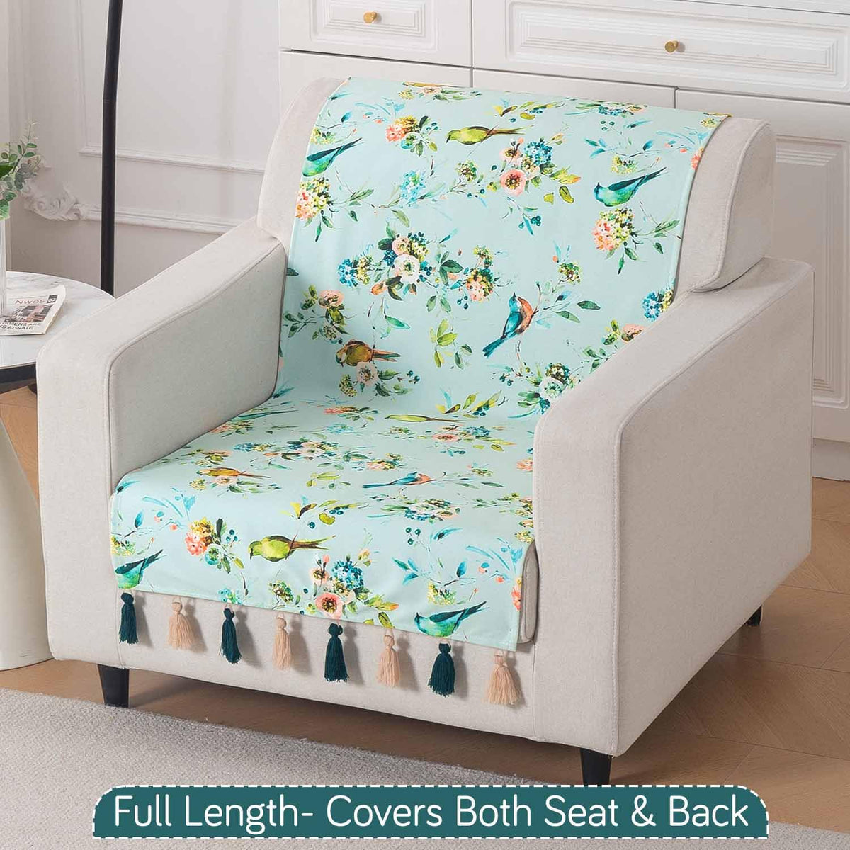 'Whispers of Nature' Series Holland Velvet Sofa Cover with Tassel, Mint Birdsong Blossom