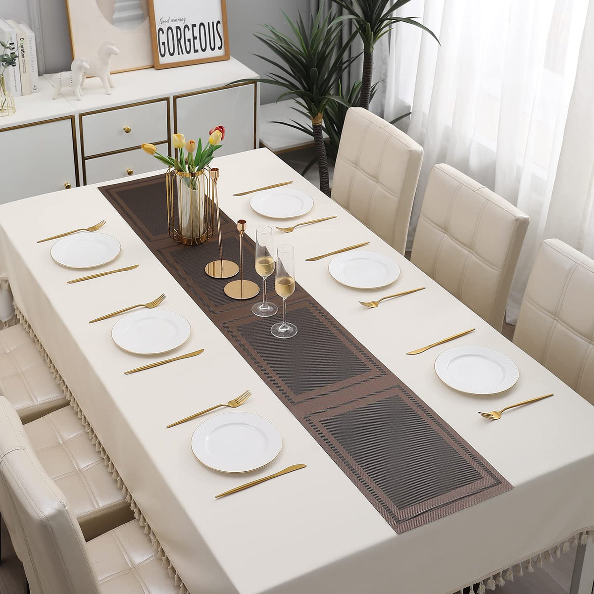 Buy Copper Brown Colour PVC Runner for 6 Seater Dining Table | HOKIPO