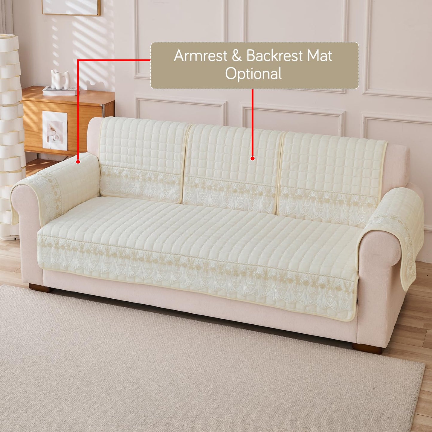 BelleLace Series Imperial Milk Velvet Sofa Cover Mat with Lace Design - Pearl White