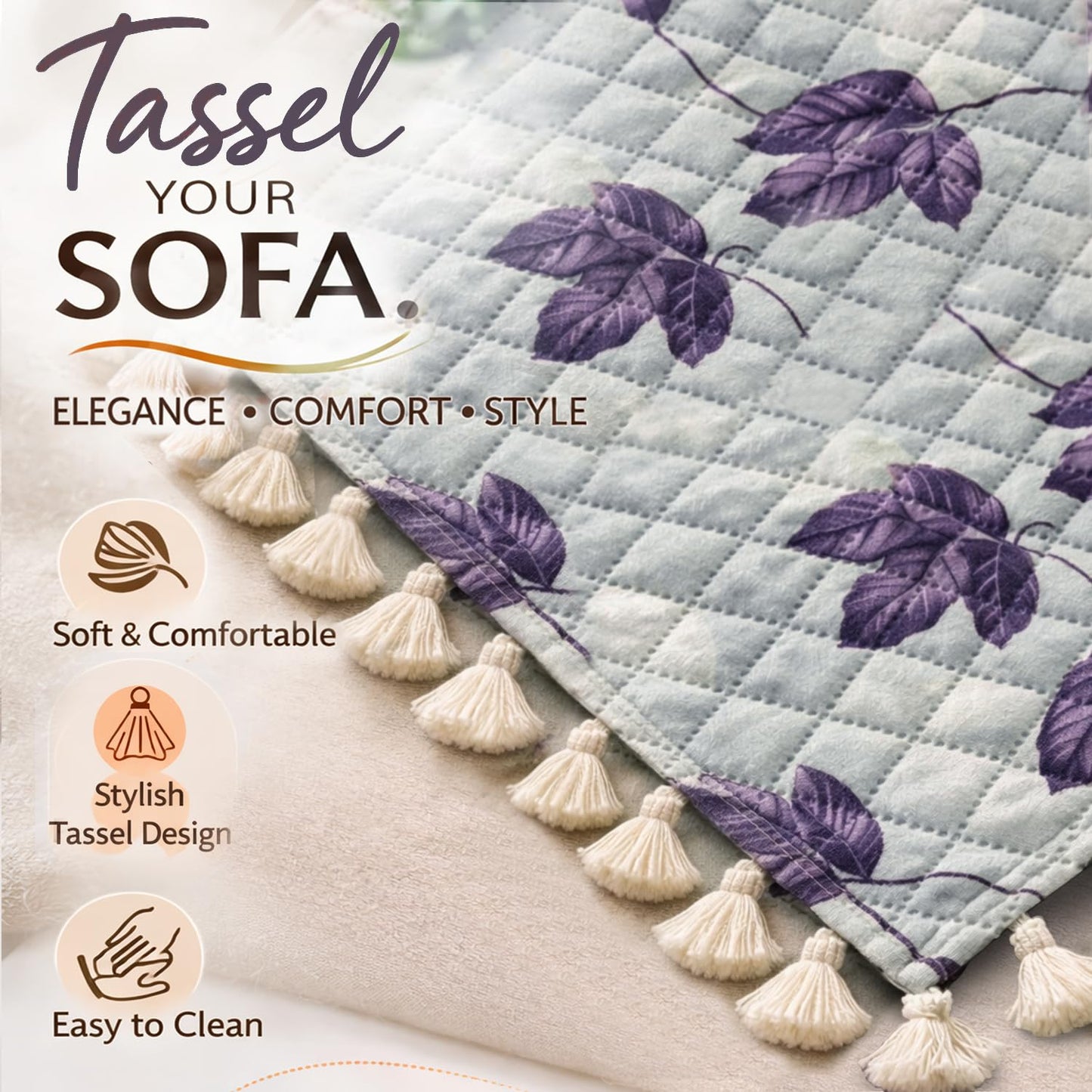 Quilted Sofa Cover 5-Seater Sofa Cover (3+1+1), Tassel Twigs | Lavender Vine