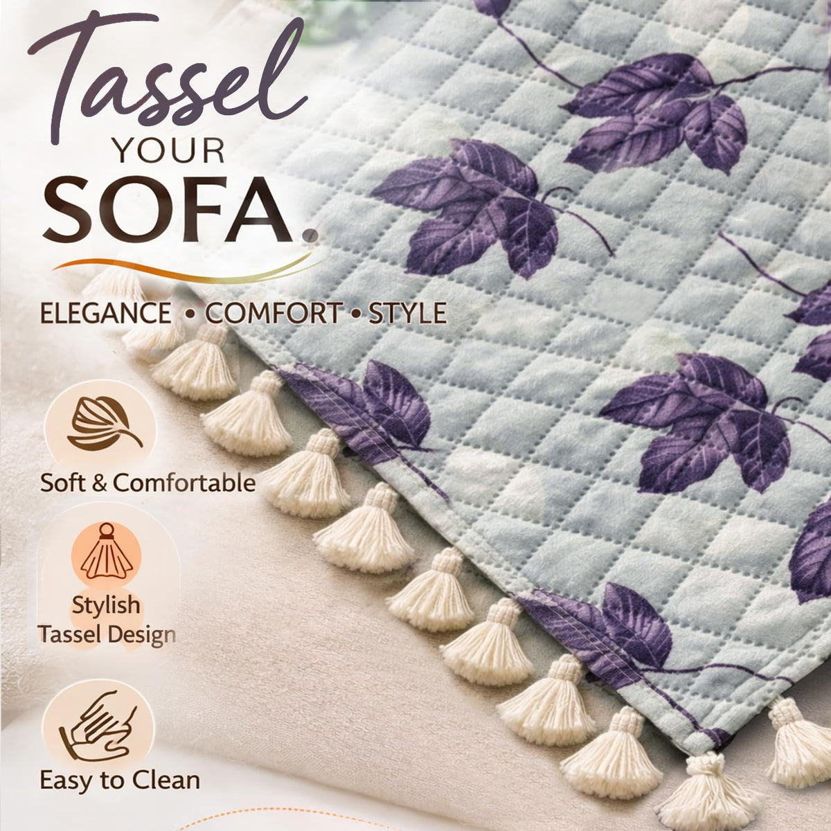 Quilted Sofa Seat Mat for 5-Seater Sofa (3+1+1), Tassel Twigs | Lavender Vine