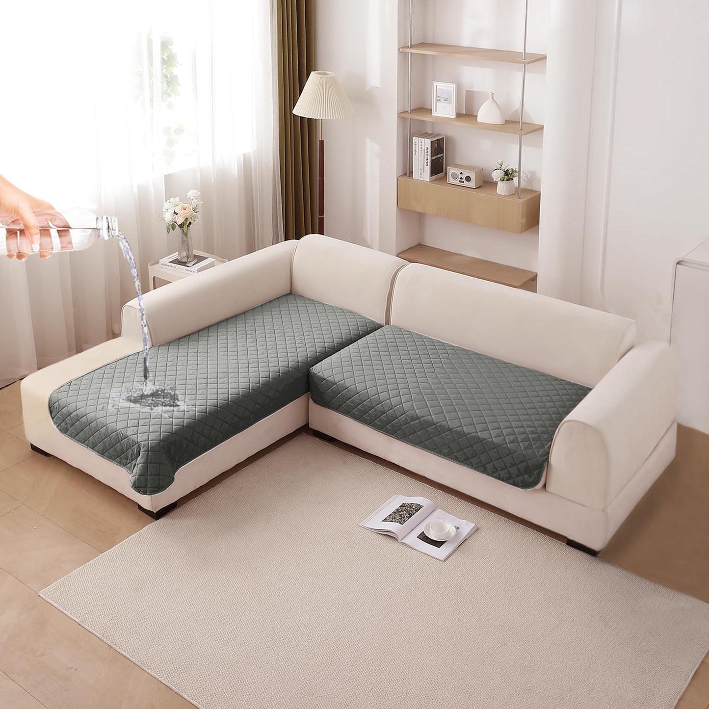 HOKIPO Waterproof Quilted Quick Dry L Shape Sofa Seat Cover Mat, Light Grey