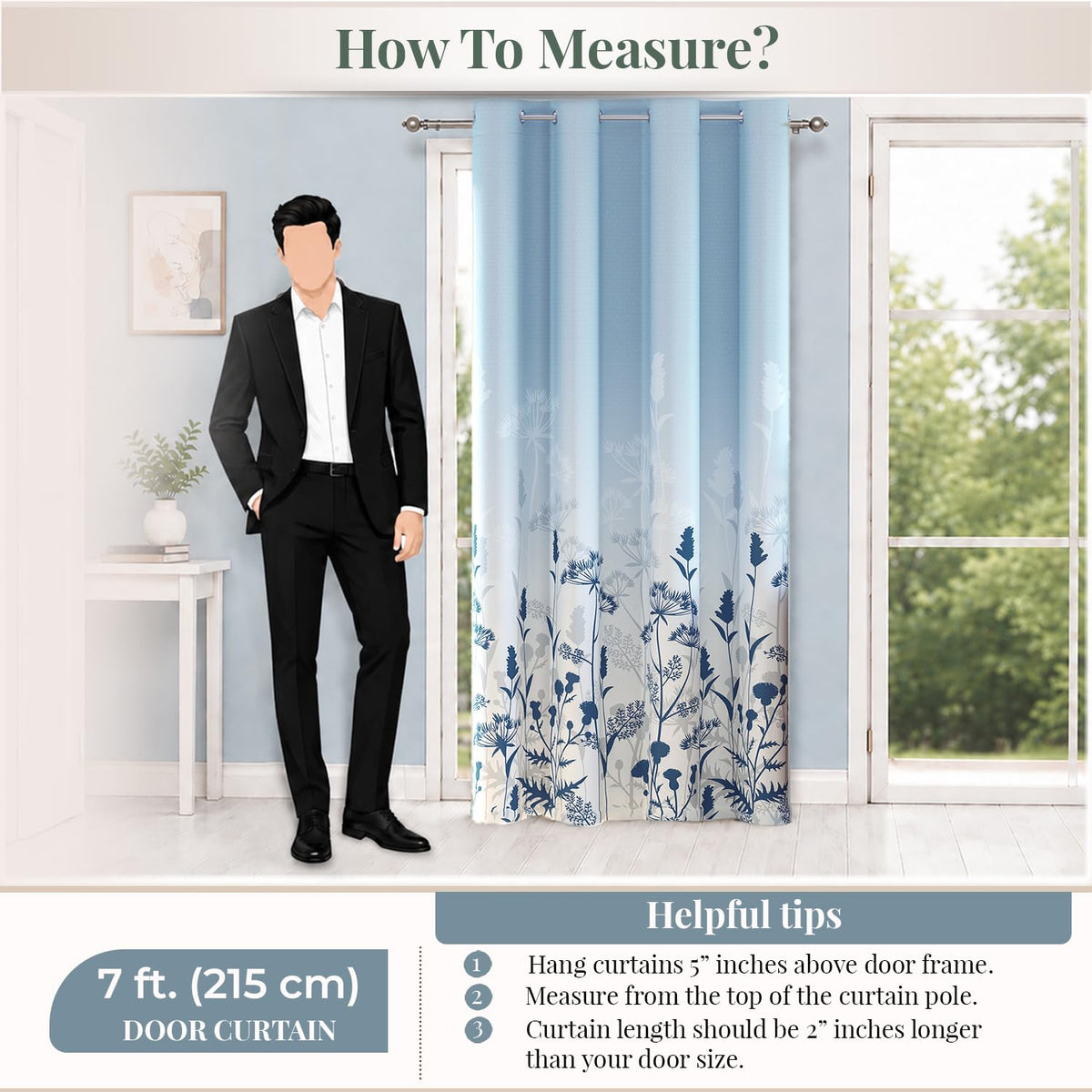 HOKIPO Harmony Printed Eyelet Curtains, 7 Feet Long - Blue Fern - image 8