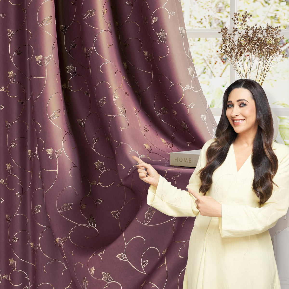 HOKIPO Golden Vine Eyelet Curtains, 7 Feet Long - Dusty Rose