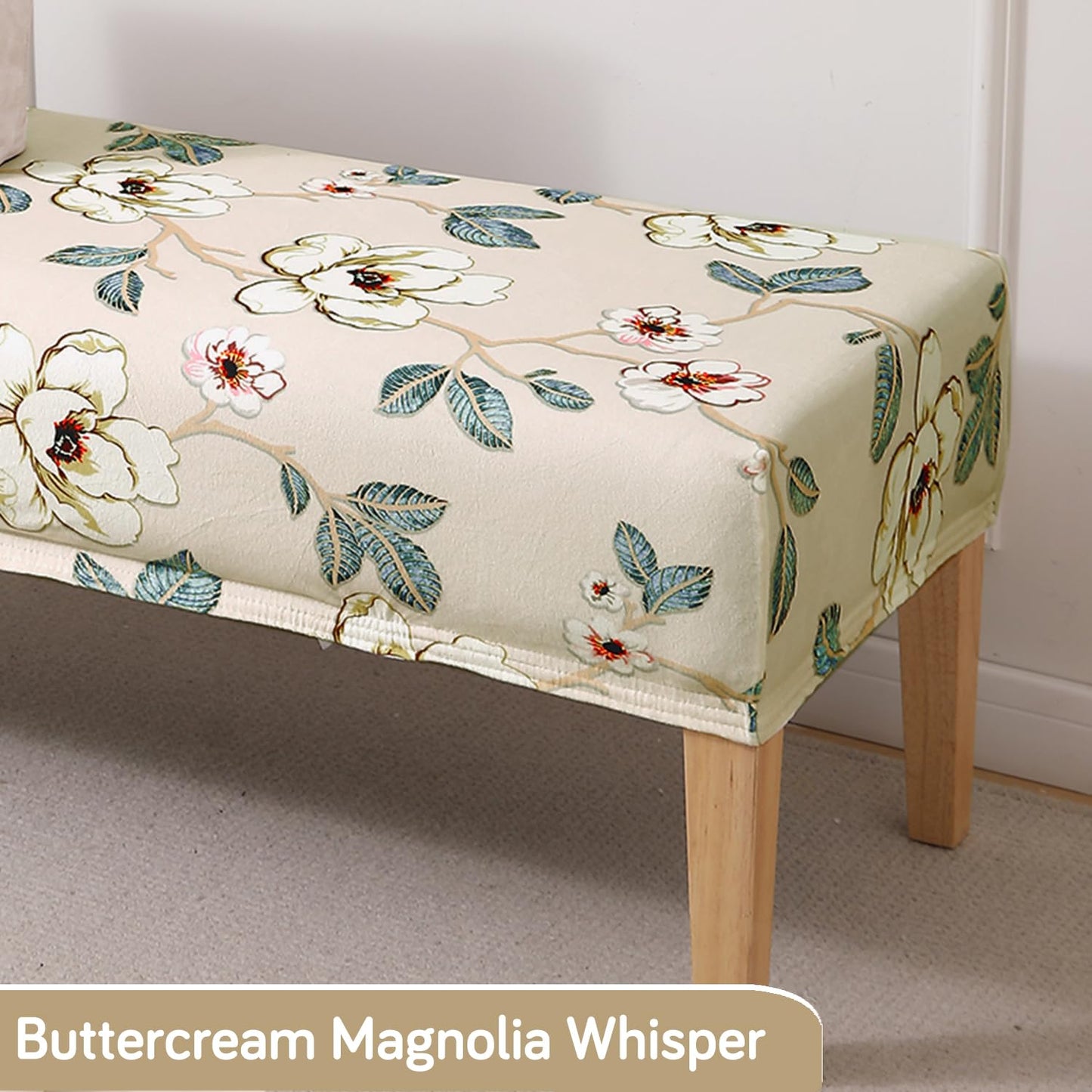 Premium Printed Velvet Stretchable Dining Bench Slipcover, Buttercream Magnolia Whisper