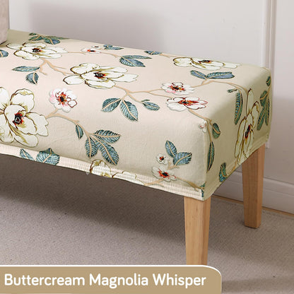 Premium Printed Velvet Stretchable Dining Bench Slipcover, Buttercream Magnolia Whisper