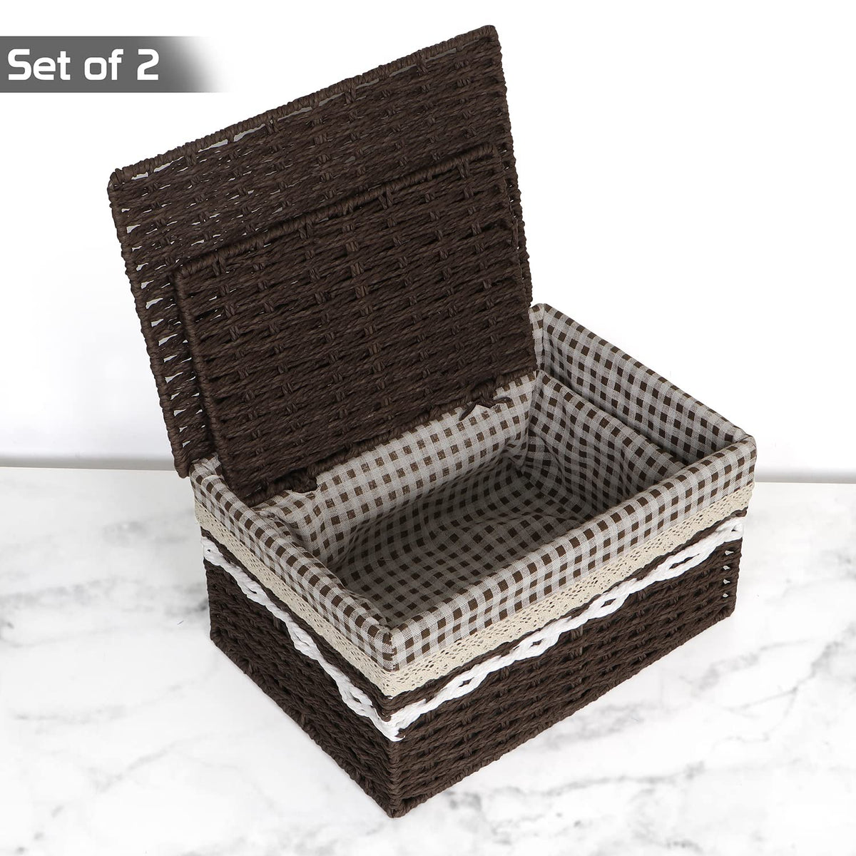 Environmental Friendly Paper Rope Wicker Storage Baskets with lid, Pack of 2, Brown