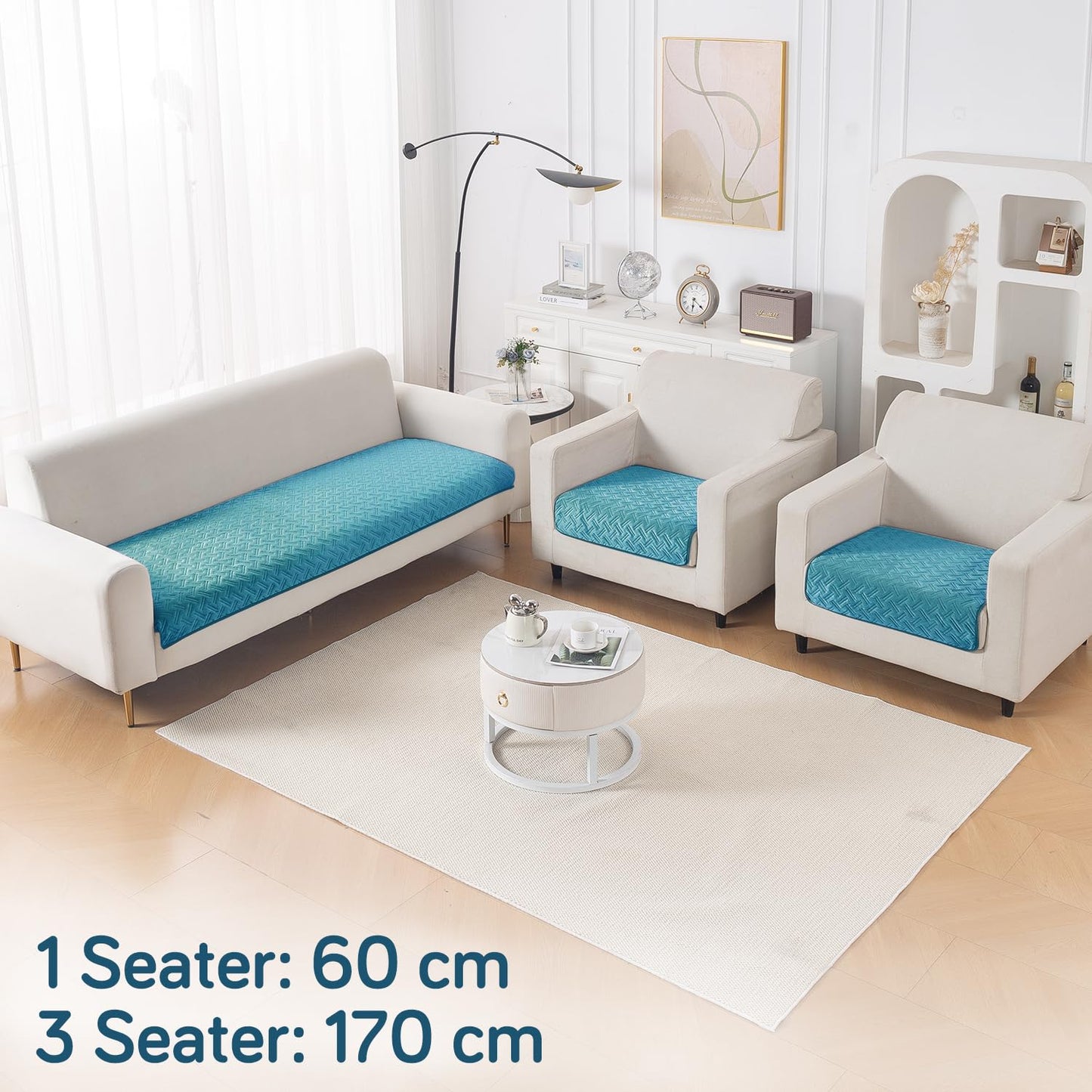 Premium Velvety Quilted Softline 5-Seater Sofa Cover (3+1+1), Teal Blue