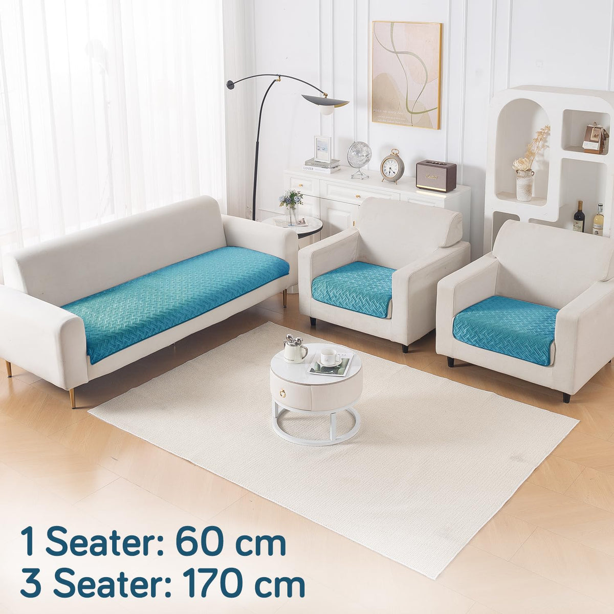 Premium Velvety Quilted Softline 5-Seater Sofa Cover (3+1+1), Teal Blue