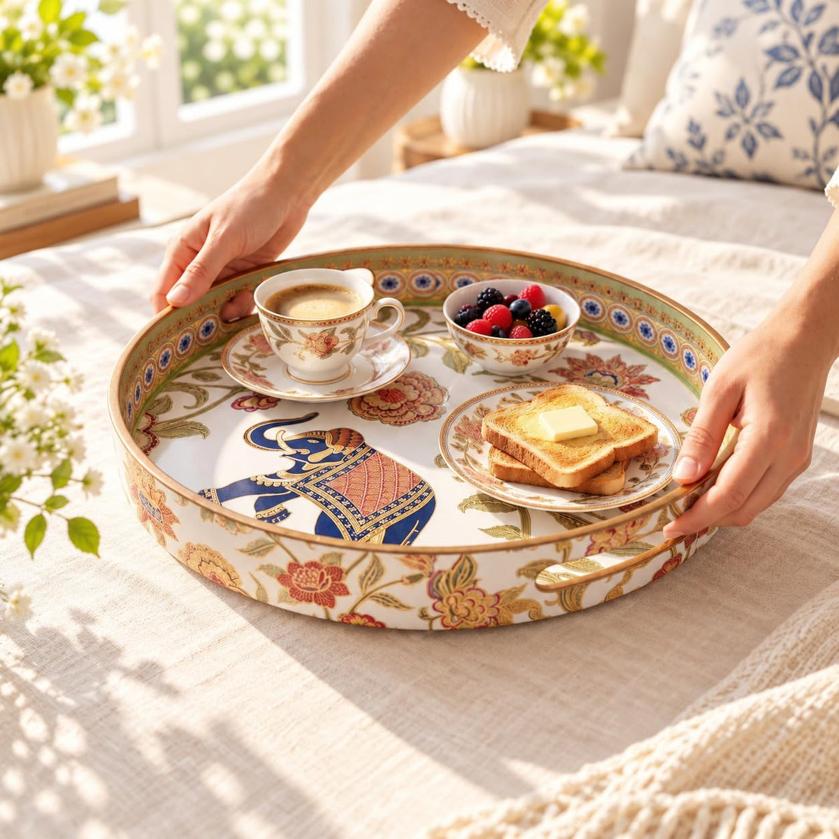 HOKIPO Round Serving Tray 12 in, Engineered Wood, Royal Gulistaan - image 9