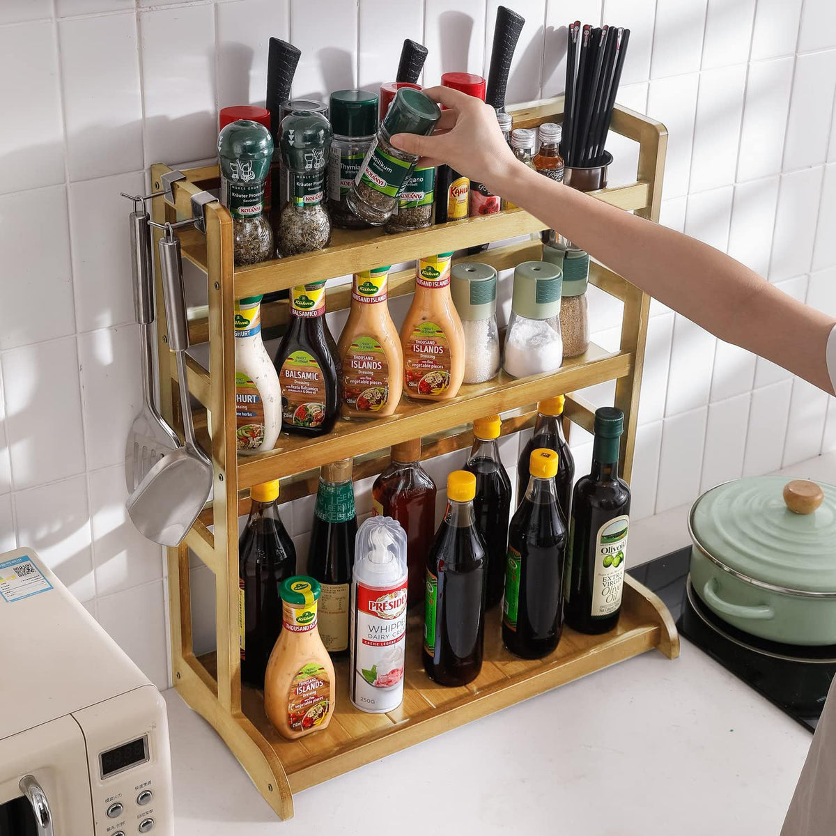 Bamboo 3 Tier Tabletop Mount Spice Rack Organizer For Kitchen Platform Counter Top Rack Storage Shelf Stand