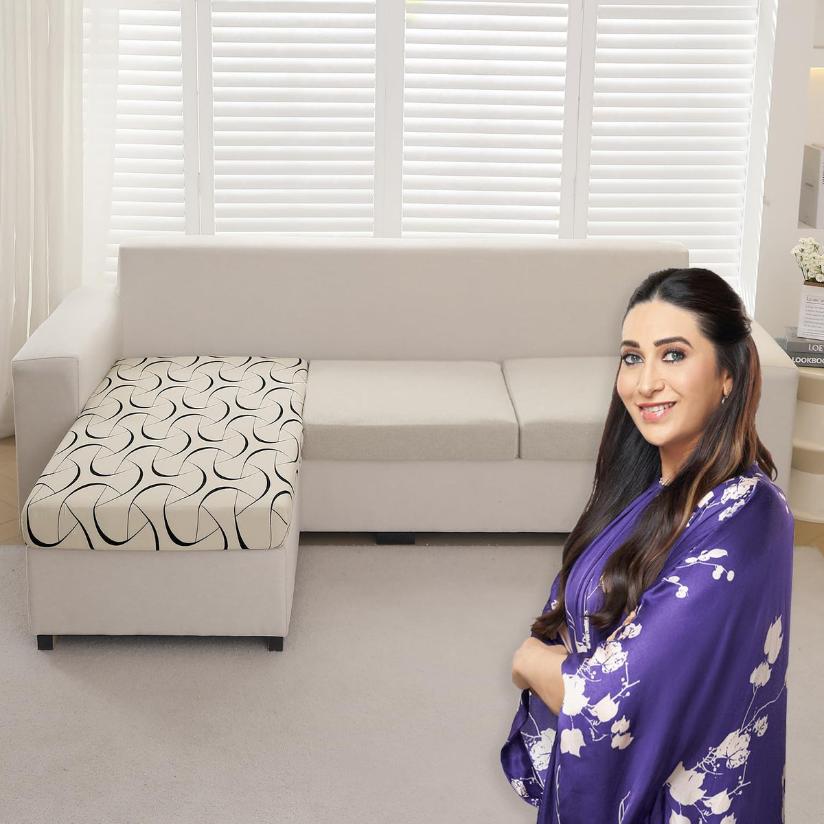 140 GSM Stretchable Printed Elastic Sofa Cushion Seat Cover for 1 /2 /3 Seaters / Pieces for Sofa, Natural Beige Abstract Art