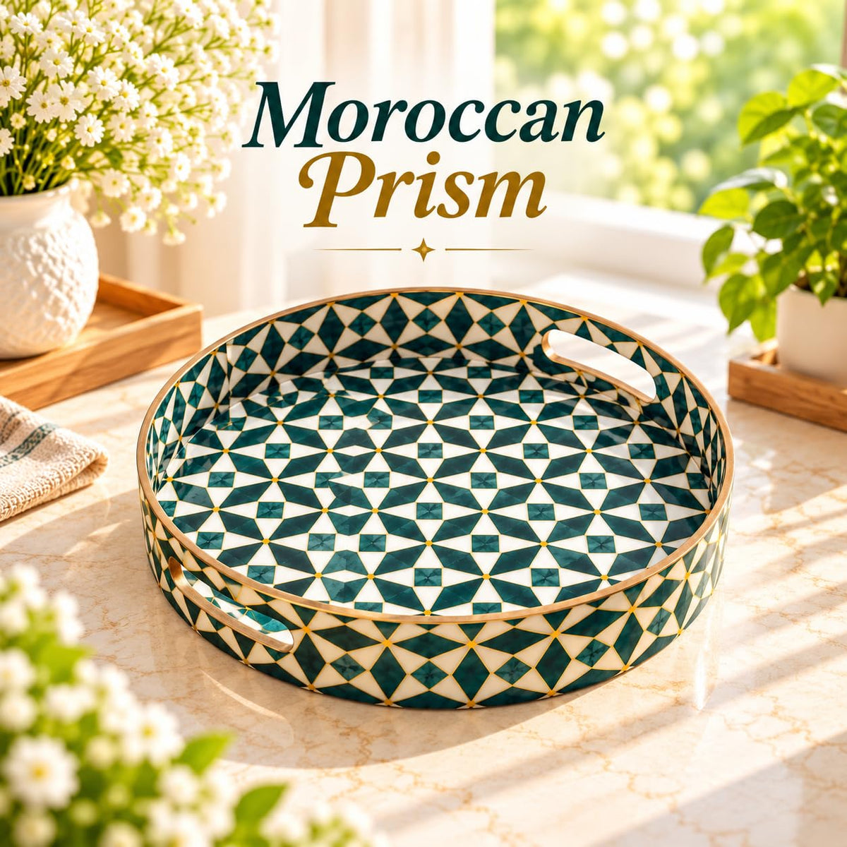 HOKIPO Round Serving Tray 12 in, Engineered Wood, Moroccan Prism - image 2