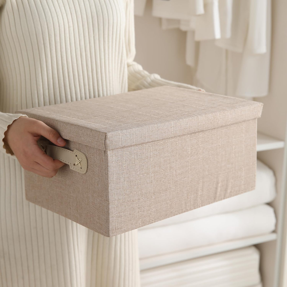 Organisers Storage Box with Lid, Beige, Pack of 2