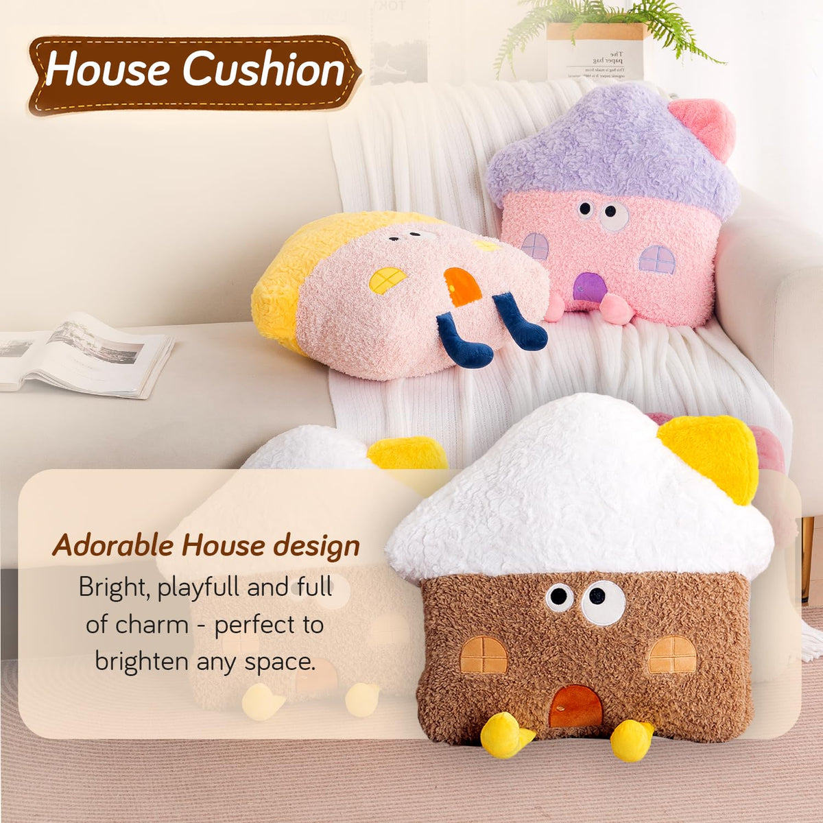 HOKIPO Mushroom House Shaped Cushion for Kids Room & Nursery, 46 cm, Brown