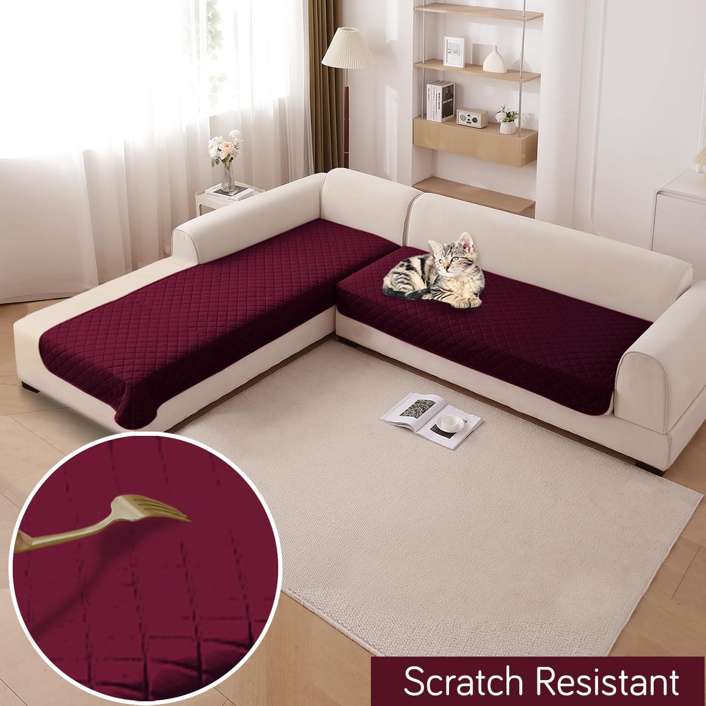 HOKIPO Waterproof Quilted Quick Dry L Shape Sofa Seat Cover Mat, Burgundy