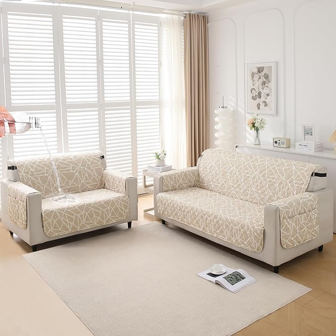 Waterproof & Quick-Dry Quilted Sofa Cover with Pockets on Armrest, Beige Abstract Geometry