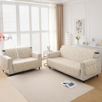Waterproof & Quick-Dry Quilted Sofa Cover with Pockets on Armrest, Beige Abstract Geometry