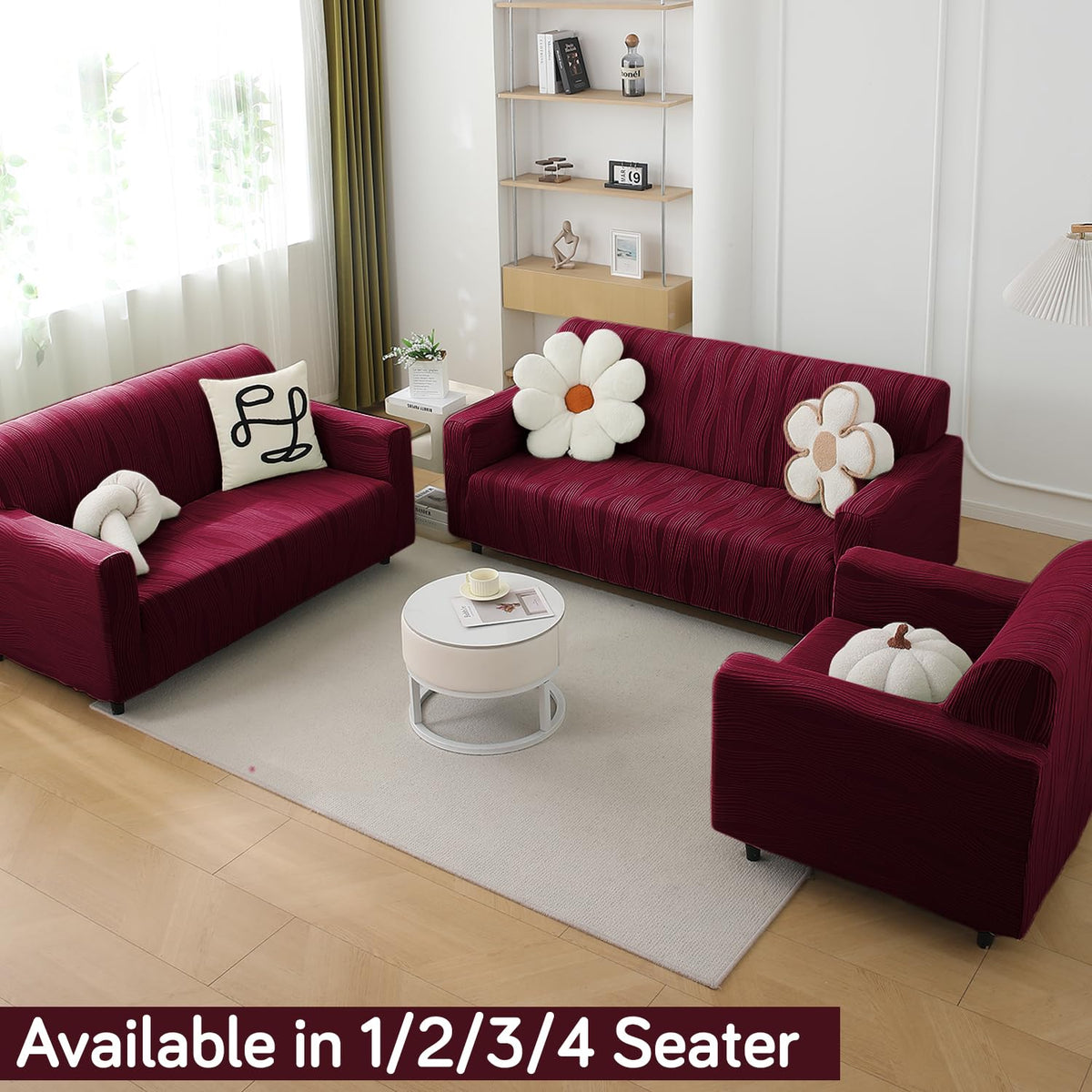 Buy burgundy colour nestiva series knitting jacquard sofa cover​ for 3+2+1 seater sofa set | HOKIPO