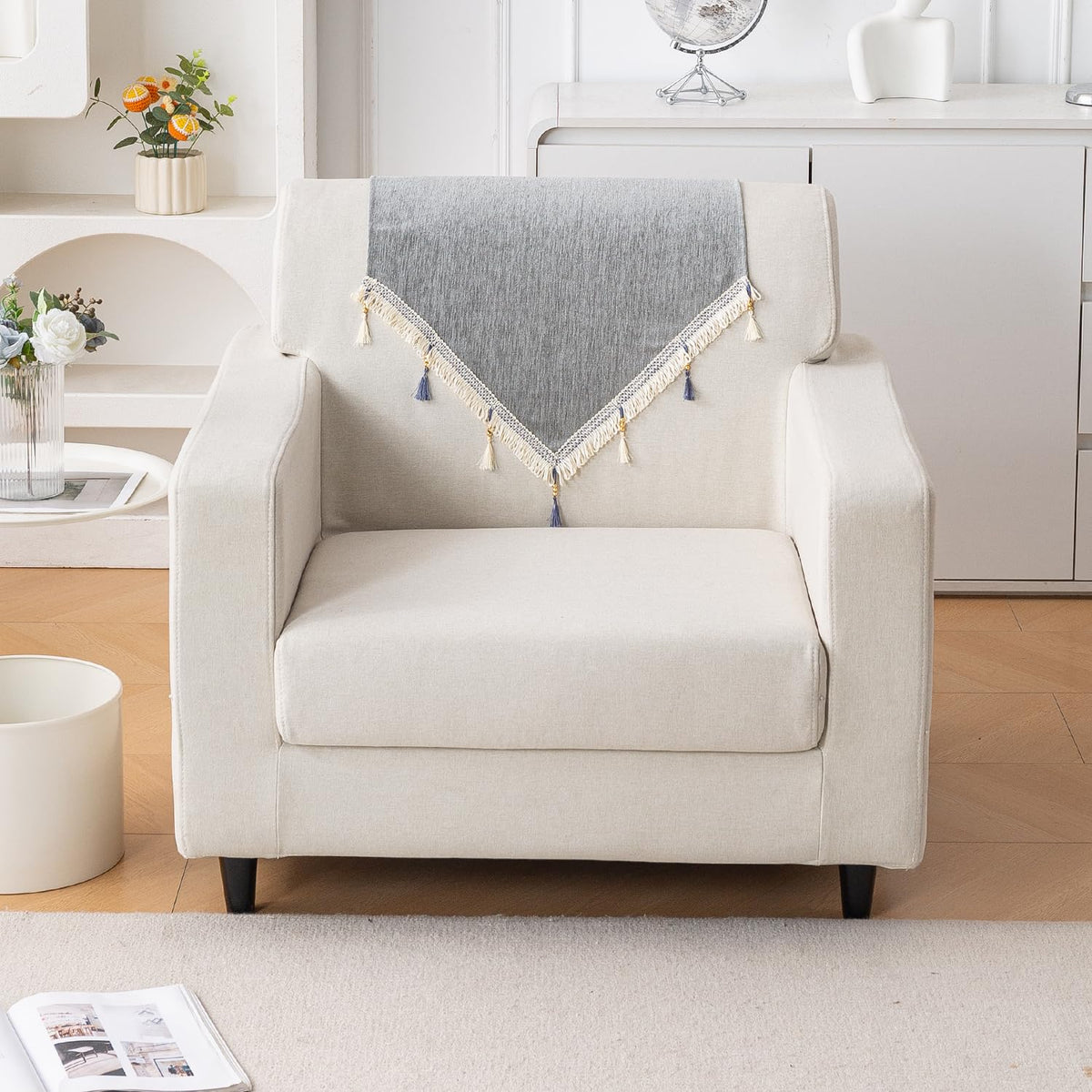 Serenity Tassel Chenille Sofa Cover with Tassel – Glacier Silver