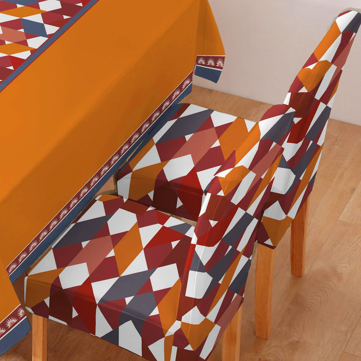 Polyester Dining Chair Covers Set of 4/6 with Matching Tablecloth, Parallelogram Ochre Brown