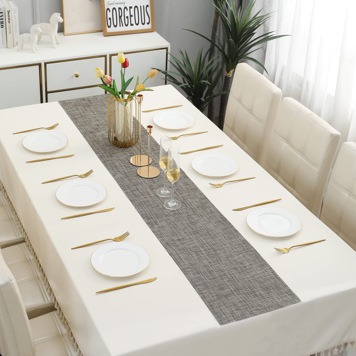 Buy Silver Grey Colour PVC Dining Table Runner for 6 Seater Tables | HOKIPO