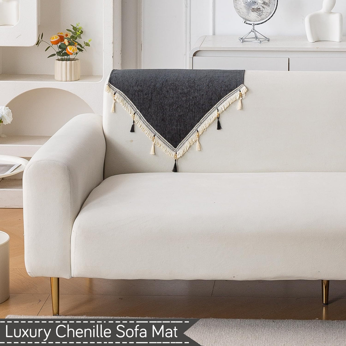 Serenity Tassel Chenille Sofa Cover with Tassel – Midnight Graphite