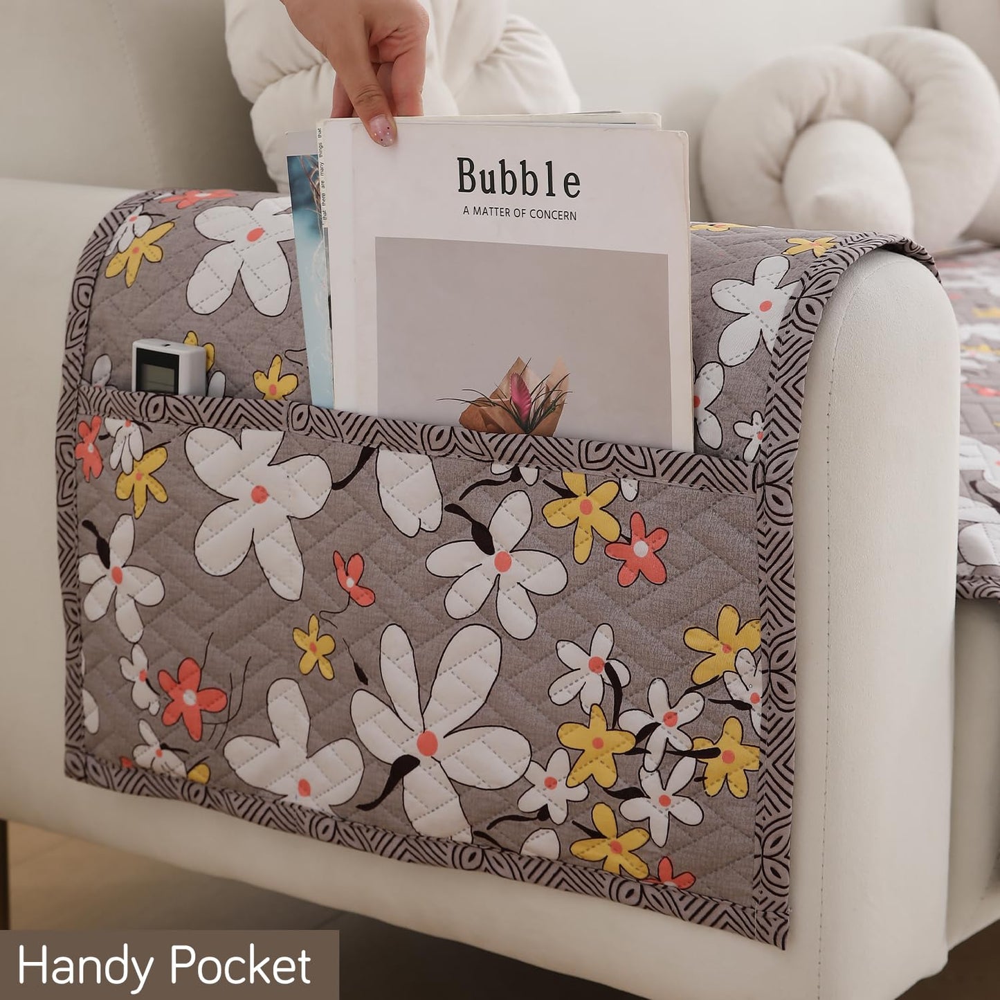 HOKIPO Quilted Sofa Seat Mat for 1/2/3 Seater with 2 Armrest Covers with Pockets, Pastel Brown Sandwort Flower