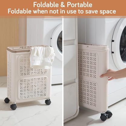 HOKIPO Foldable Laundry Basket with Wheels for Clothes, Toys & More - Beige