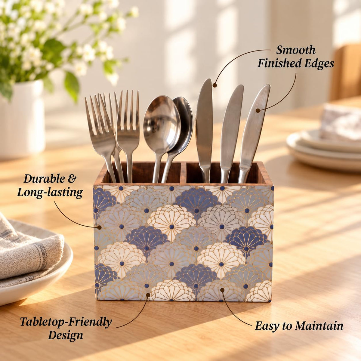 HOKIPO Cutlery Holder for Dining Table, Engineered Wood, Indigo Flora - image 7