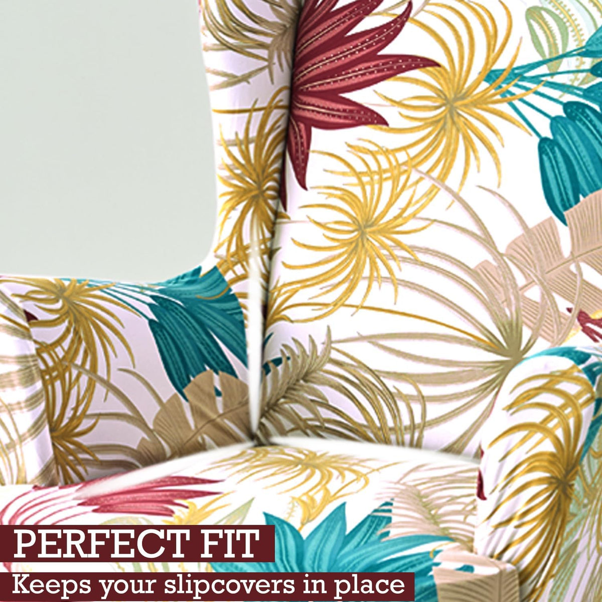 Cane Beige Ferns Elastic Wing Chair Covers